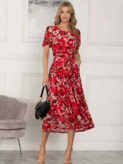 Jolie Moi Occasion Dresses|Floral Dresses-Giana Floral Midi Dress, Red Floral