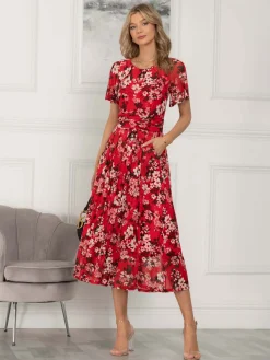Jolie Moi Occasion Dresses|Floral Dresses-Giana Floral Midi Dress, Red Floral