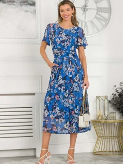 Jolie Moi Occasion Dresses|Mesh Dresses-Giana Floral Midi Dress, Royal/Multi