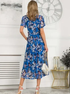 Jolie Moi Occasion Dresses|Mesh Dresses-Giana Floral Midi Dress, Royal/Multi