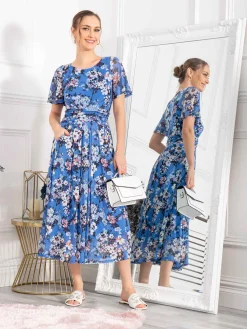 Jolie Moi Occasion Dresses|Mesh Dresses-Giana Floral Midi Dress, Royal/Multi
