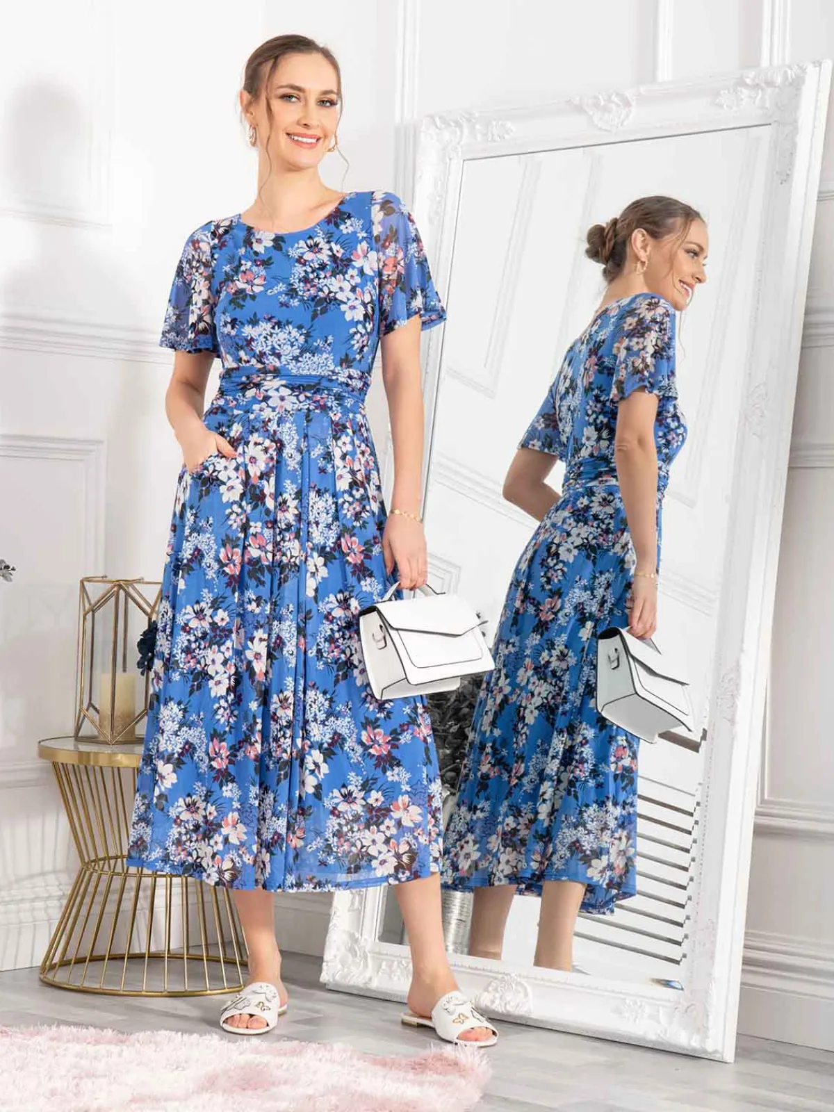 Jolie Moi Occasion Dresses|Mesh Dresses-Giana Floral Midi Dress, Royal/Multi