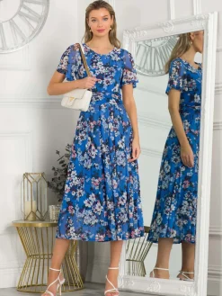 Jolie Moi Occasion Dresses|Mesh Dresses-Giana Floral Midi Dress, Royal/Multi