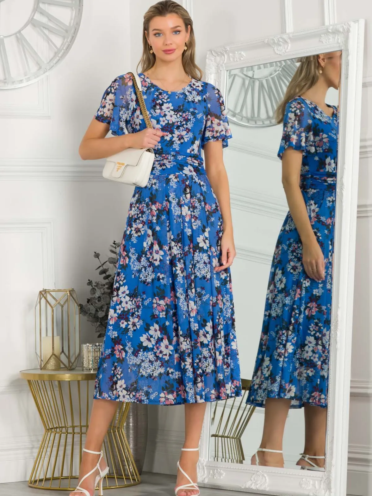 Jolie Moi Occasion Dresses|Mesh Dresses-Giana Floral Midi Dress, Royal/Multi