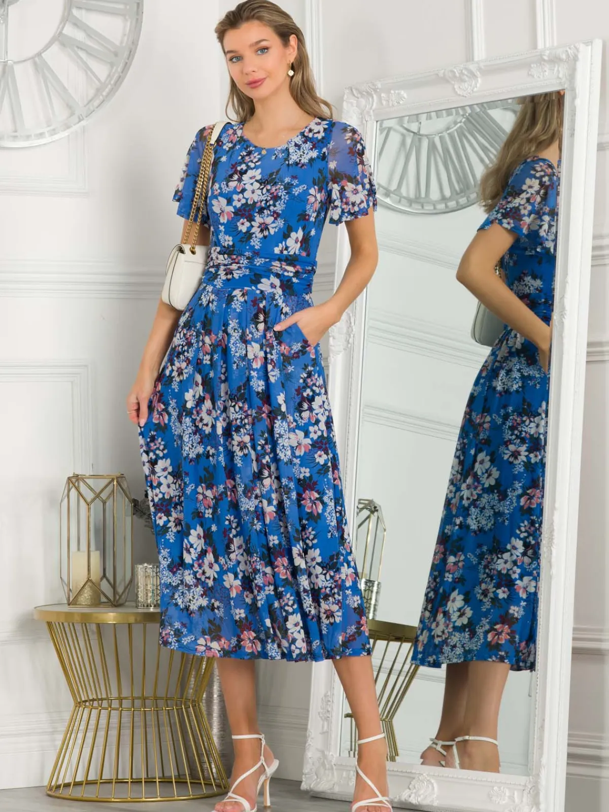 Jolie Moi Occasion Dresses|Mesh Dresses-Giana Floral Midi Dress, Royal/Multi