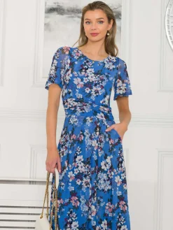 Jolie Moi Occasion Dresses|Mesh Dresses-Giana Floral Midi Dress, Royal/Multi