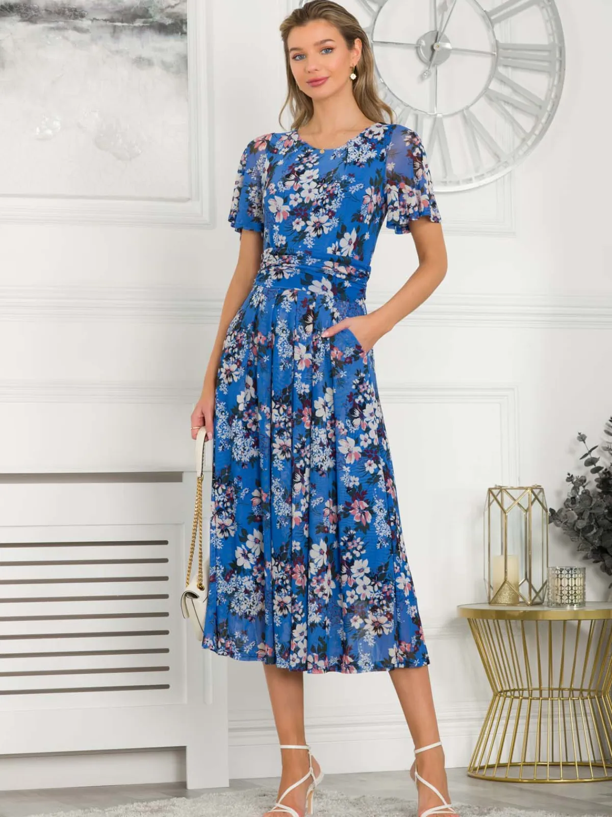 Jolie Moi Occasion Dresses|Mesh Dresses-Giana Floral Midi Dress, Royal/Multi