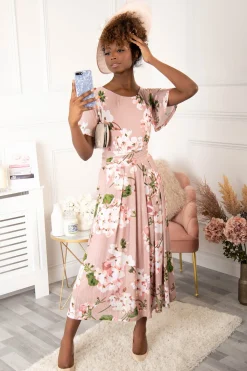 Jolie Moi Occasion Dresses|Floral Dresses-Gianna Floral Midi Dress, Dusty Pink