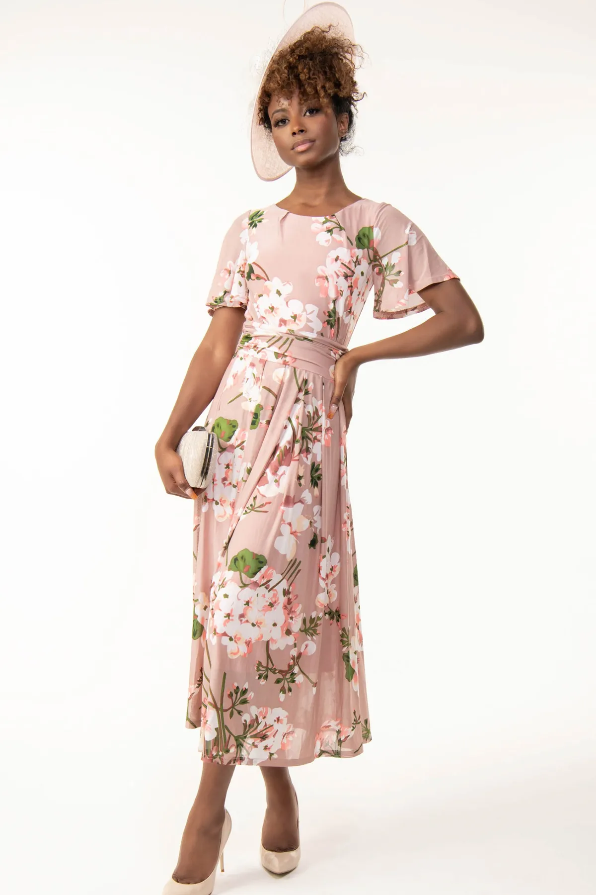 Jolie Moi Occasion Dresses|Floral Dresses-Gianna Floral Midi Dress, Dusty Pink