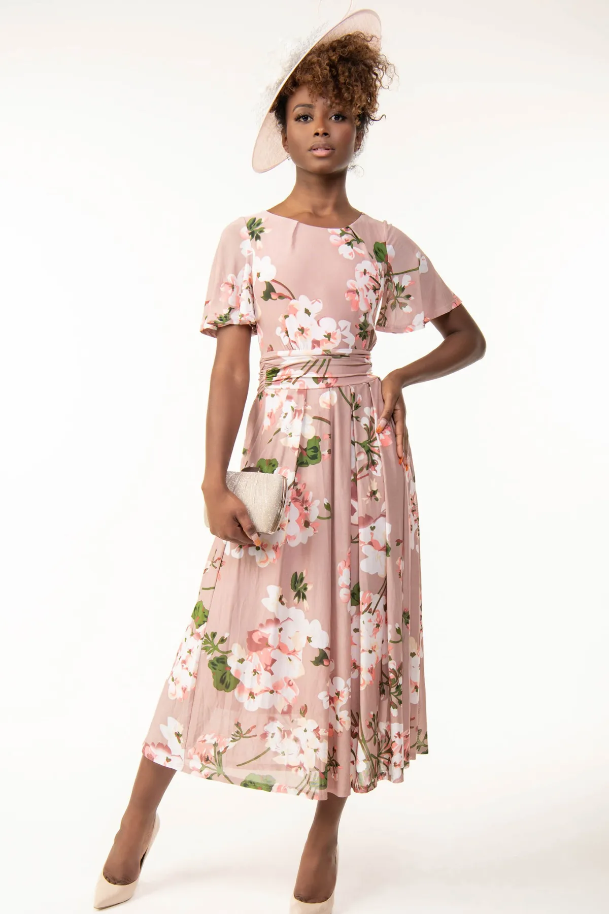 Jolie Moi Occasion Dresses|Floral Dresses-Gianna Floral Midi Dress, Dusty Pink