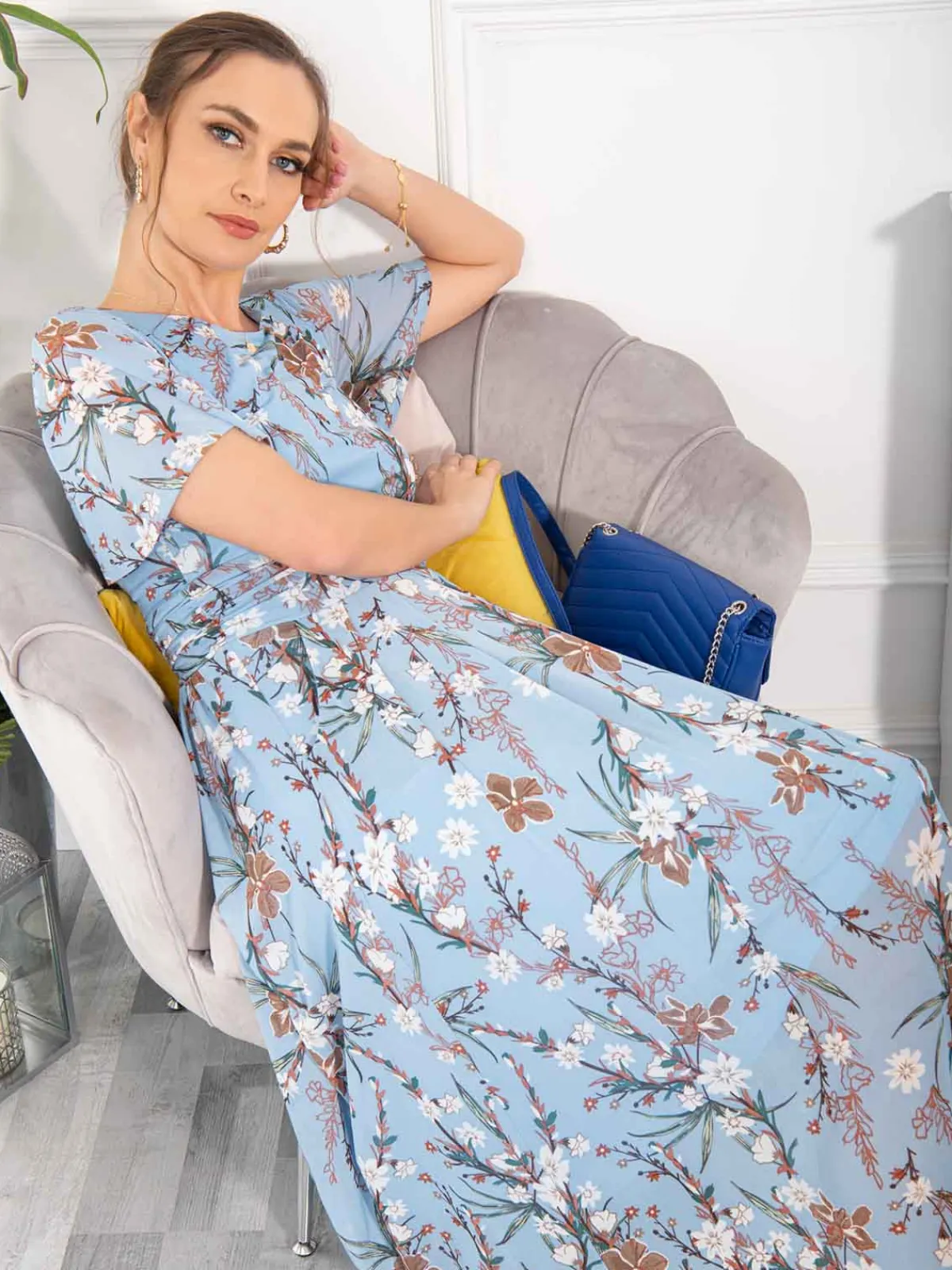 Jolie Moi Occasion Dresses|Floral Dresses-Gianna Floral Midi Dress, Light Blue