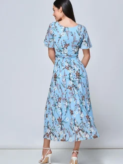 Jolie Moi Occasion Dresses|Floral Dresses-Gianna Floral Midi Dress, Light Blue