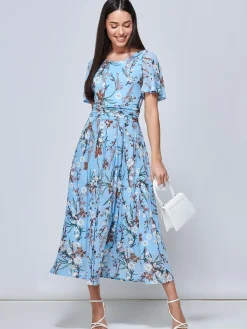 Jolie Moi Occasion Dresses|Floral Dresses-Gianna Floral Midi Dress, Light Blue
