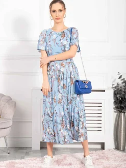 Jolie Moi Occasion Dresses|Floral Dresses-Gianna Floral Midi Dress, Light Blue