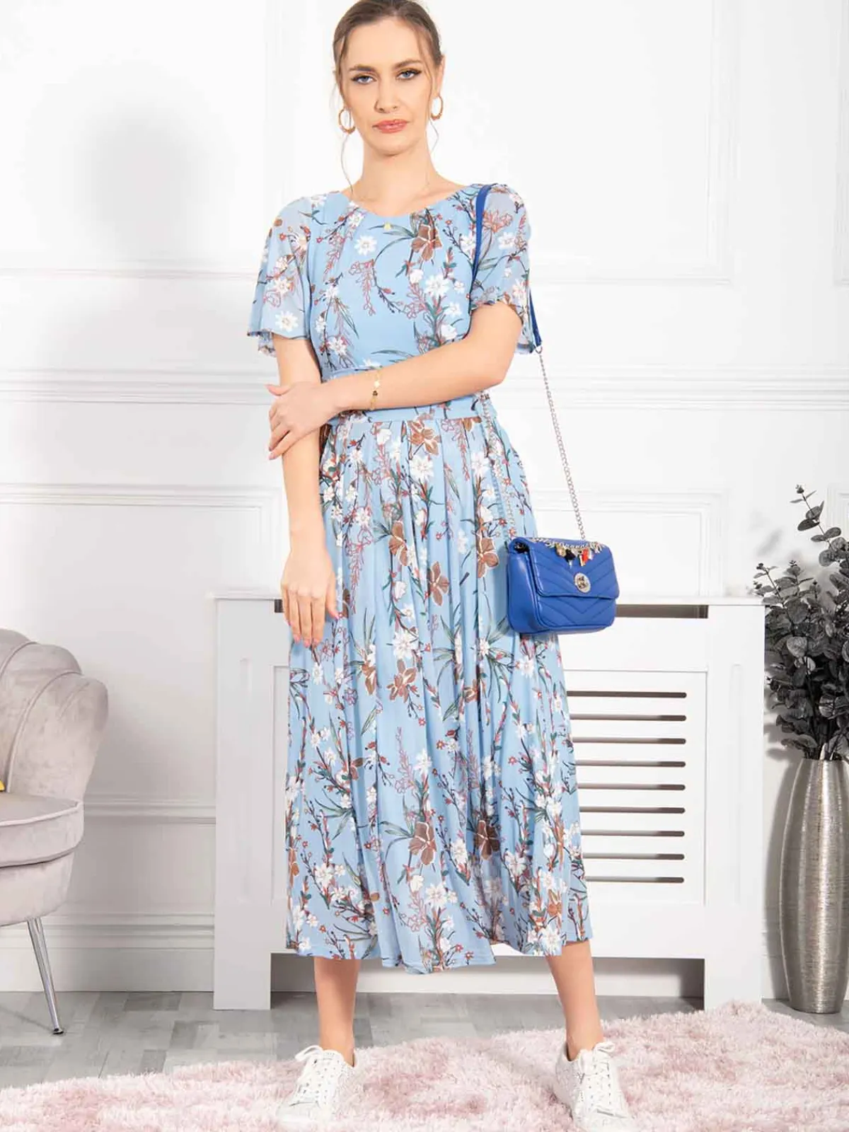Jolie Moi Occasion Dresses|Floral Dresses-Gianna Floral Midi Dress, Light Blue