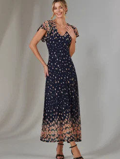 Jolie Moi Occasion Dresses|Mesh Dresses-Gina Mirrored Print Mesh Maxi Dress, Navy Multi