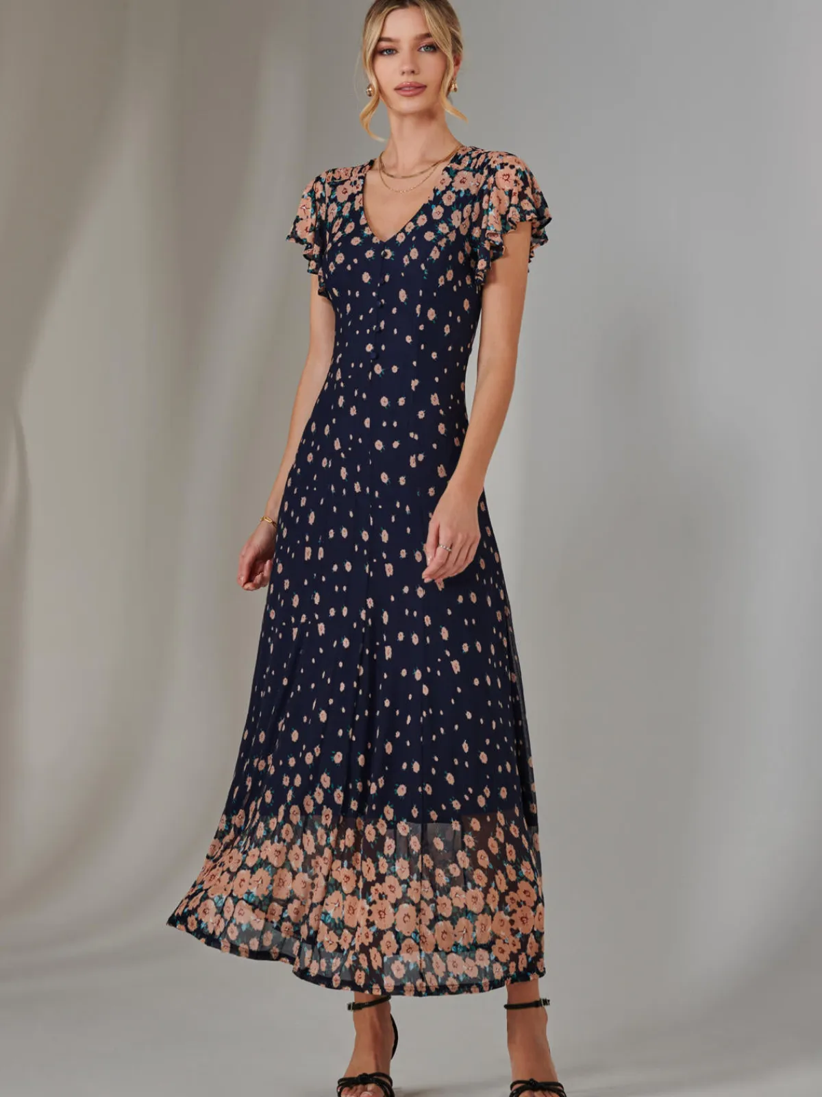 Jolie Moi Occasion Dresses|Mesh Dresses-Gina Mirrored Print Mesh Maxi Dress, Navy Multi