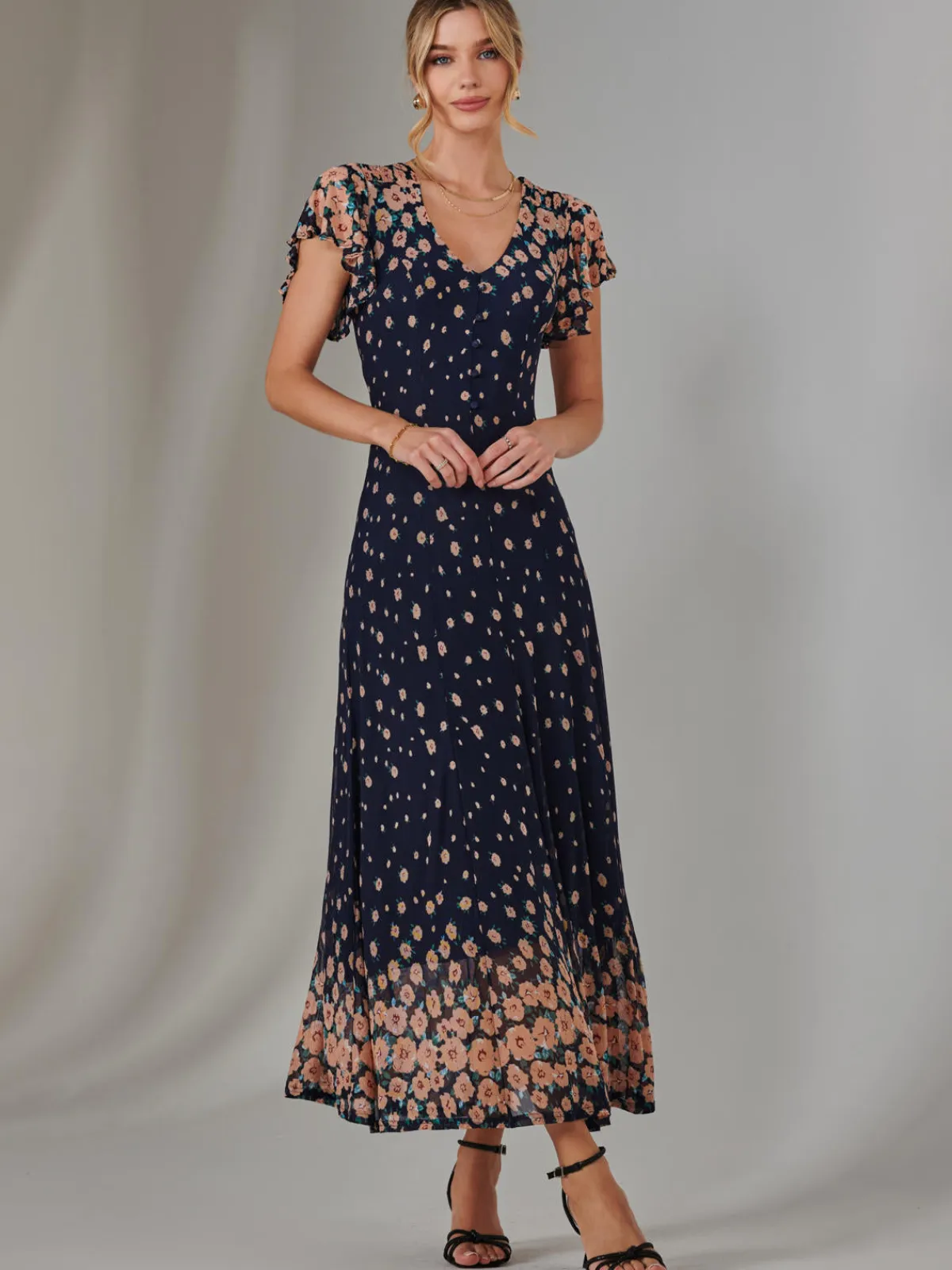 Jolie Moi Occasion Dresses|Mesh Dresses-Gina Mirrored Print Mesh Maxi Dress, Navy Multi
