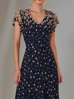 Jolie Moi Occasion Dresses|Mesh Dresses-Gina Mirrored Print Mesh Maxi Dress, Navy Multi