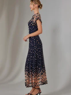 Jolie Moi Occasion Dresses|Mesh Dresses-Gina Mirrored Print Mesh Maxi Dress, Navy Multi