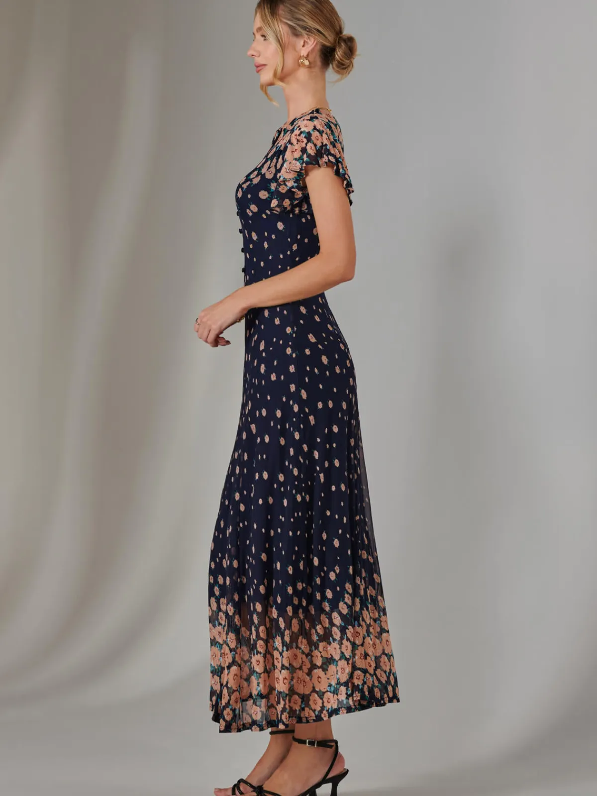 Jolie Moi Occasion Dresses|Mesh Dresses-Gina Mirrored Print Mesh Maxi Dress, Navy Multi