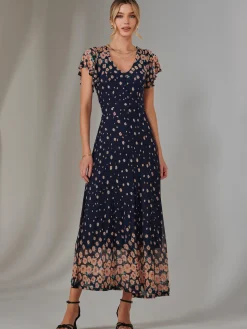 Jolie Moi Occasion Dresses|Mesh Dresses-Gina Mirrored Print Mesh Maxi Dress, Navy Multi