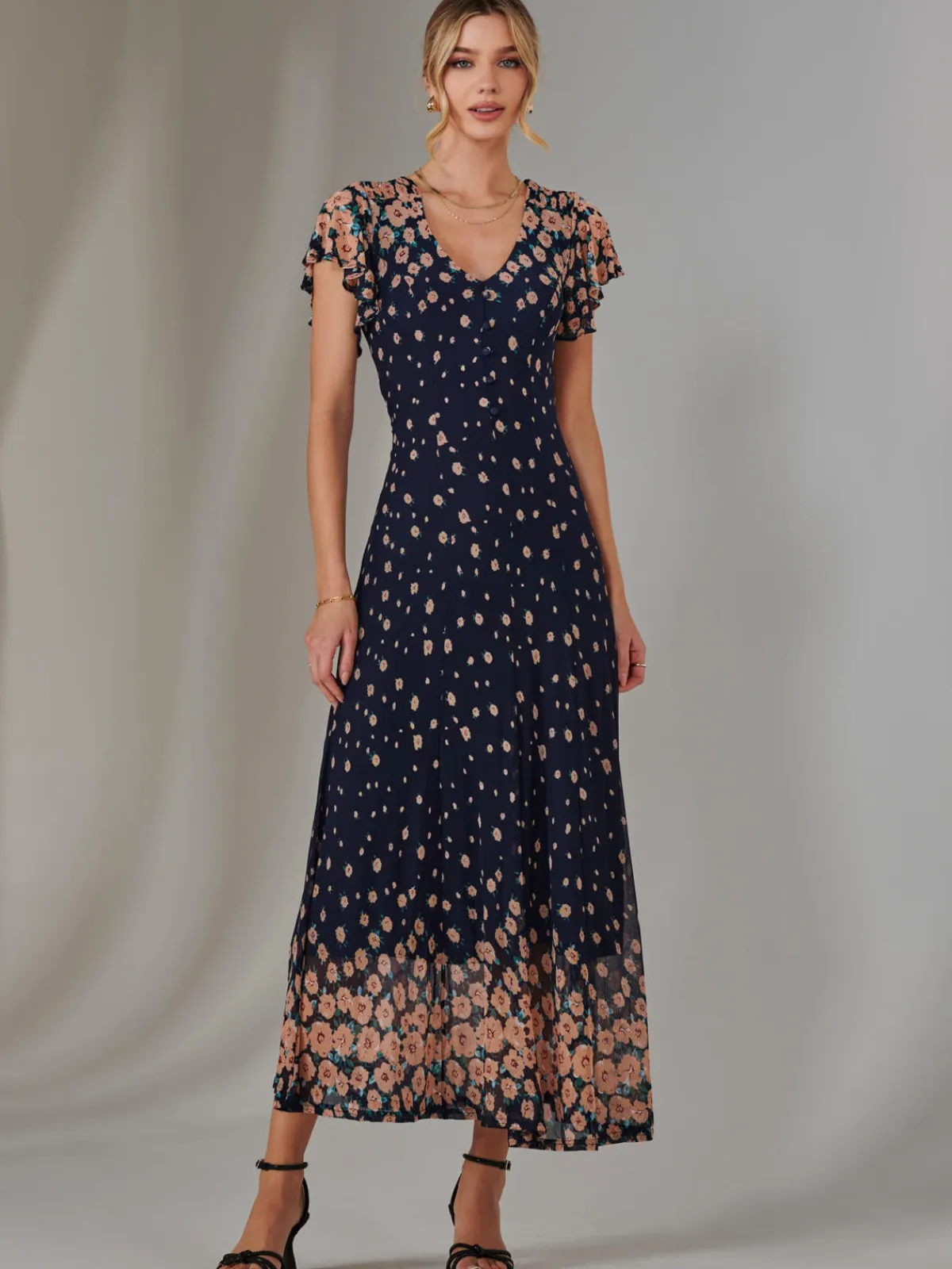 Jolie Moi Occasion Dresses|Mesh Dresses-Gina Mirrored Print Mesh Maxi Dress, Navy Multi