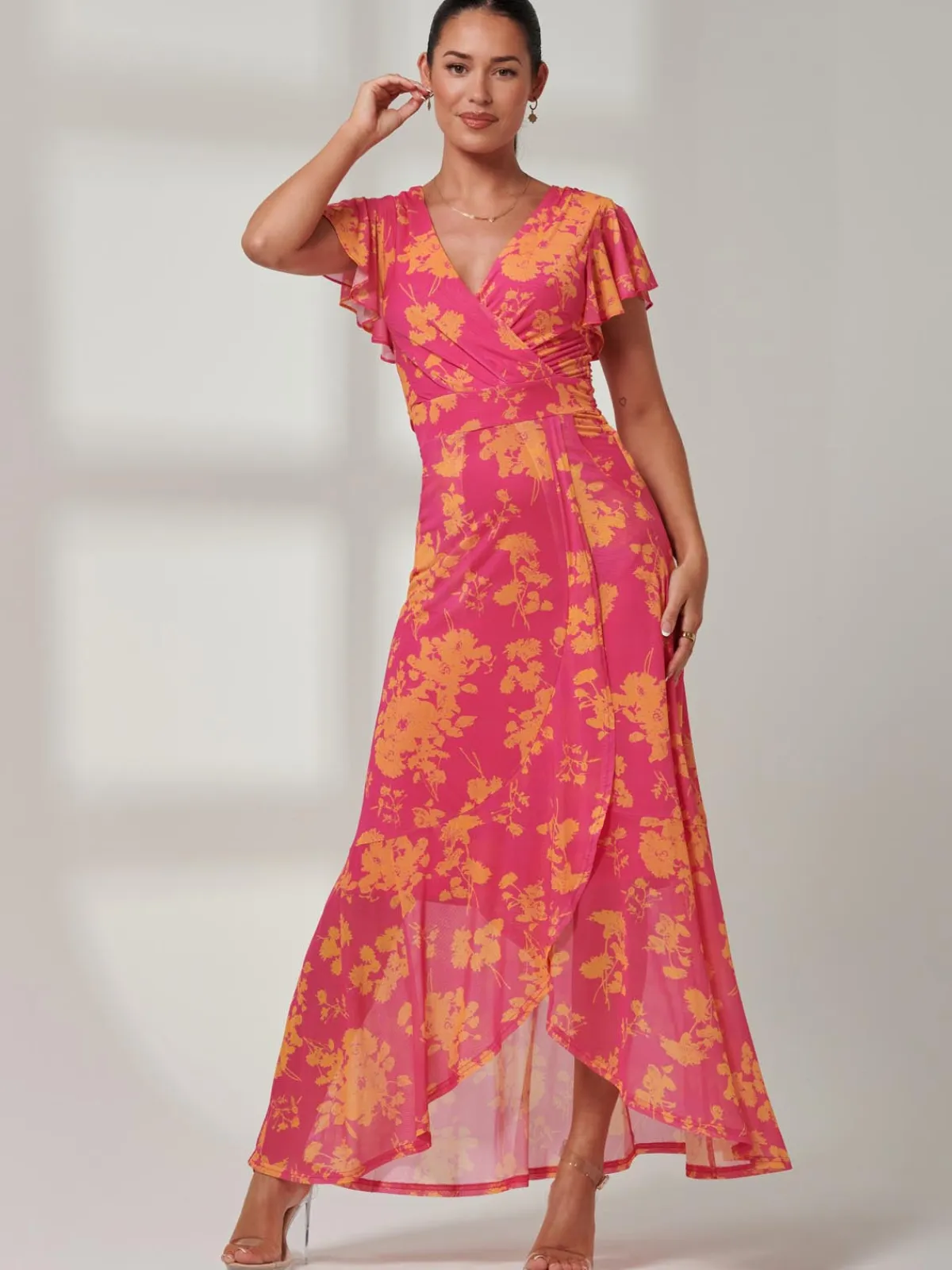 Jolie Moi Occasion Dresses|Floral Dresses-Gisselle Ruffle Hem Mesh Maxi Dress, Pink Floral
