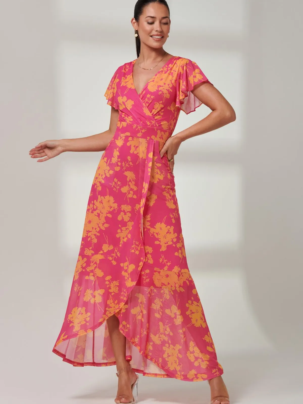 Jolie Moi Occasion Dresses|Floral Dresses-Gisselle Ruffle Hem Mesh Maxi Dress, Pink Floral