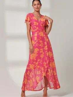 Jolie Moi Occasion Dresses|Floral Dresses-Gisselle Ruffle Hem Mesh Maxi Dress, Pink Floral