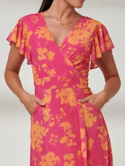Jolie Moi Occasion Dresses|Floral Dresses-Gisselle Ruffle Hem Mesh Maxi Dress, Pink Floral