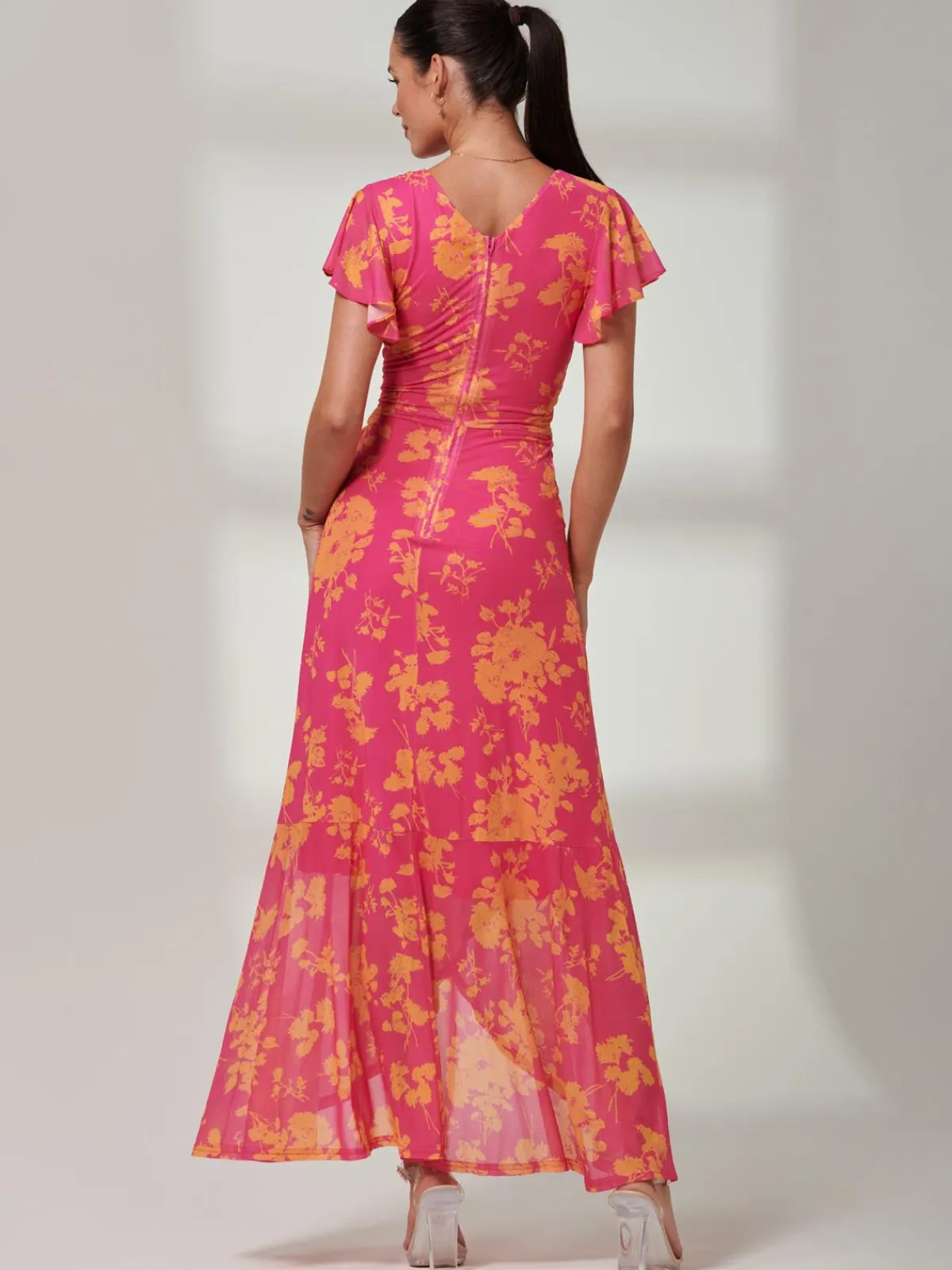 Jolie Moi Occasion Dresses|Floral Dresses-Gisselle Ruffle Hem Mesh Maxi Dress, Pink Floral