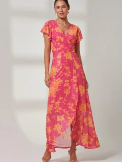 Jolie Moi Occasion Dresses|Floral Dresses-Gisselle Ruffle Hem Mesh Maxi Dress, Pink Floral