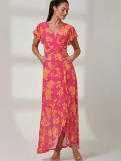 Jolie Moi Occasion Dresses|Floral Dresses-Gisselle Ruffle Hem Mesh Maxi Dress, Pink Floral