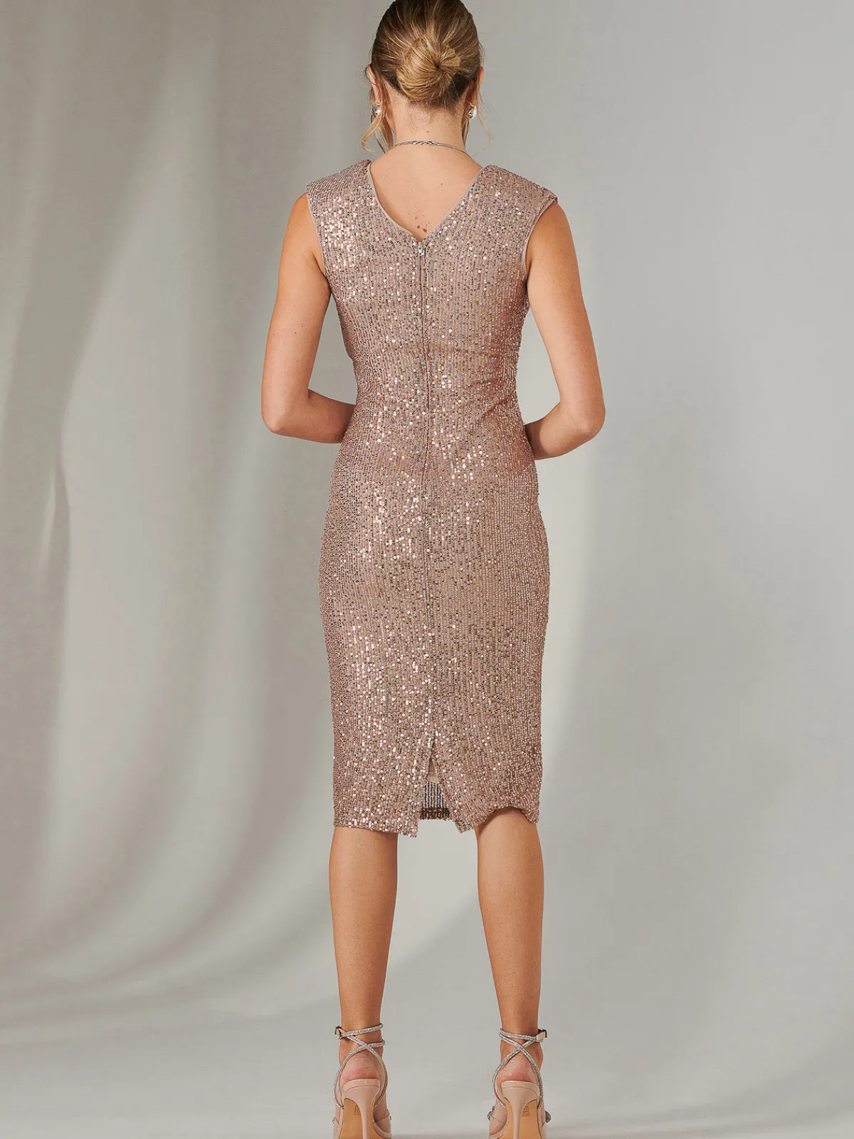 Jolie Moi Occasion Dresses|Sleeveless Dresses-Gittel Sequin Bodycon Midi Dress, Brown Gold