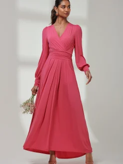 Jolie Moi Occasion Dresses|Long Sleeved Dresses-Giulia Long Sleeve Maxi Dress, Hot Pink