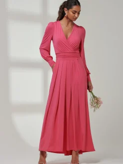 Jolie Moi Occasion Dresses|Long Sleeved Dresses-Giulia Long Sleeve Maxi Dress, Hot Pink