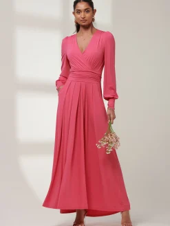 Jolie Moi Occasion Dresses|Long Sleeved Dresses-Giulia Long Sleeve Maxi Dress, Hot Pink