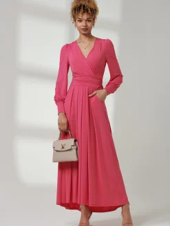 Jolie Moi Occasion Dresses|Long Sleeved Dresses-Giulia Long Sleeve Maxi Dress, Hot Pink