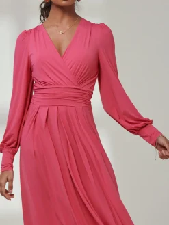 Jolie Moi Occasion Dresses|Long Sleeved Dresses-Giulia Long Sleeve Maxi Dress, Hot Pink
