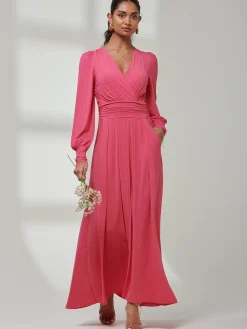 Jolie Moi Occasion Dresses|Long Sleeved Dresses-Giulia Long Sleeve Maxi Dress, Hot Pink