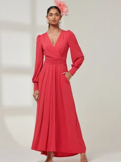 Jolie Moi Occasion Dresses|Weekend Casuals-Giulia Long Sleeve Maxi Dress, Red