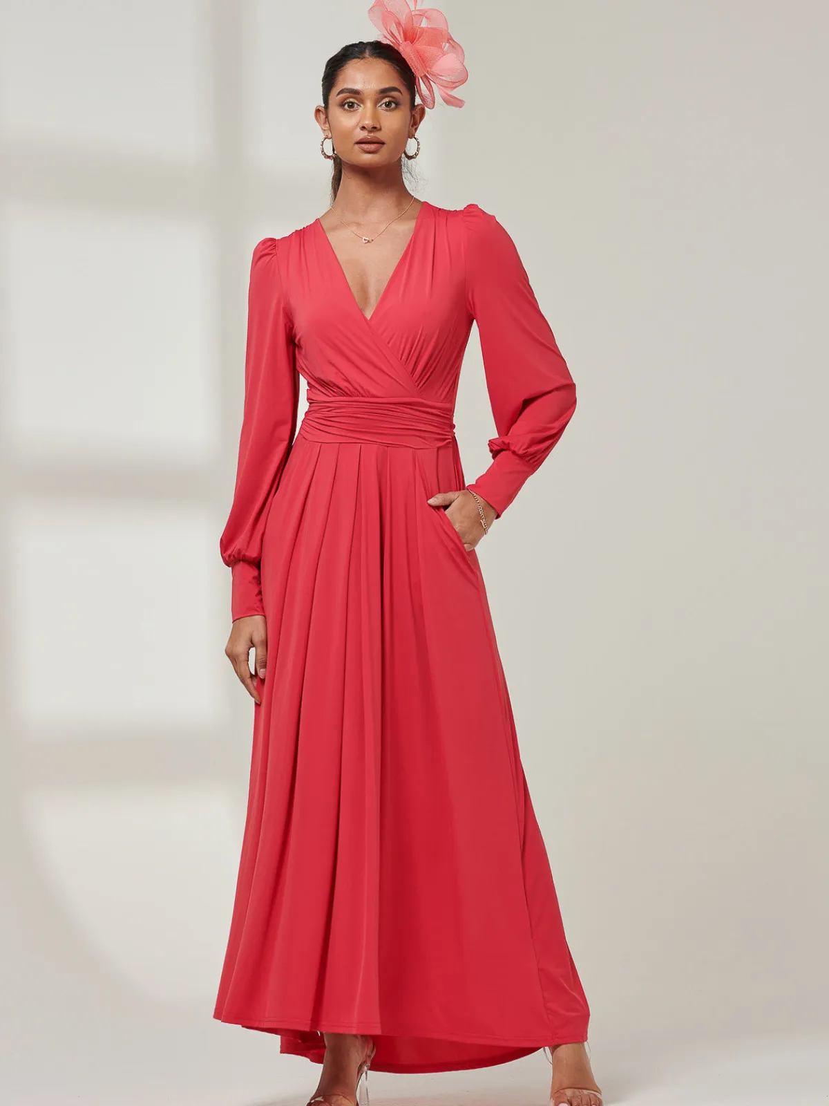 Jolie Moi Occasion Dresses|Weekend Casuals-Giulia Long Sleeve Maxi Dress, Red