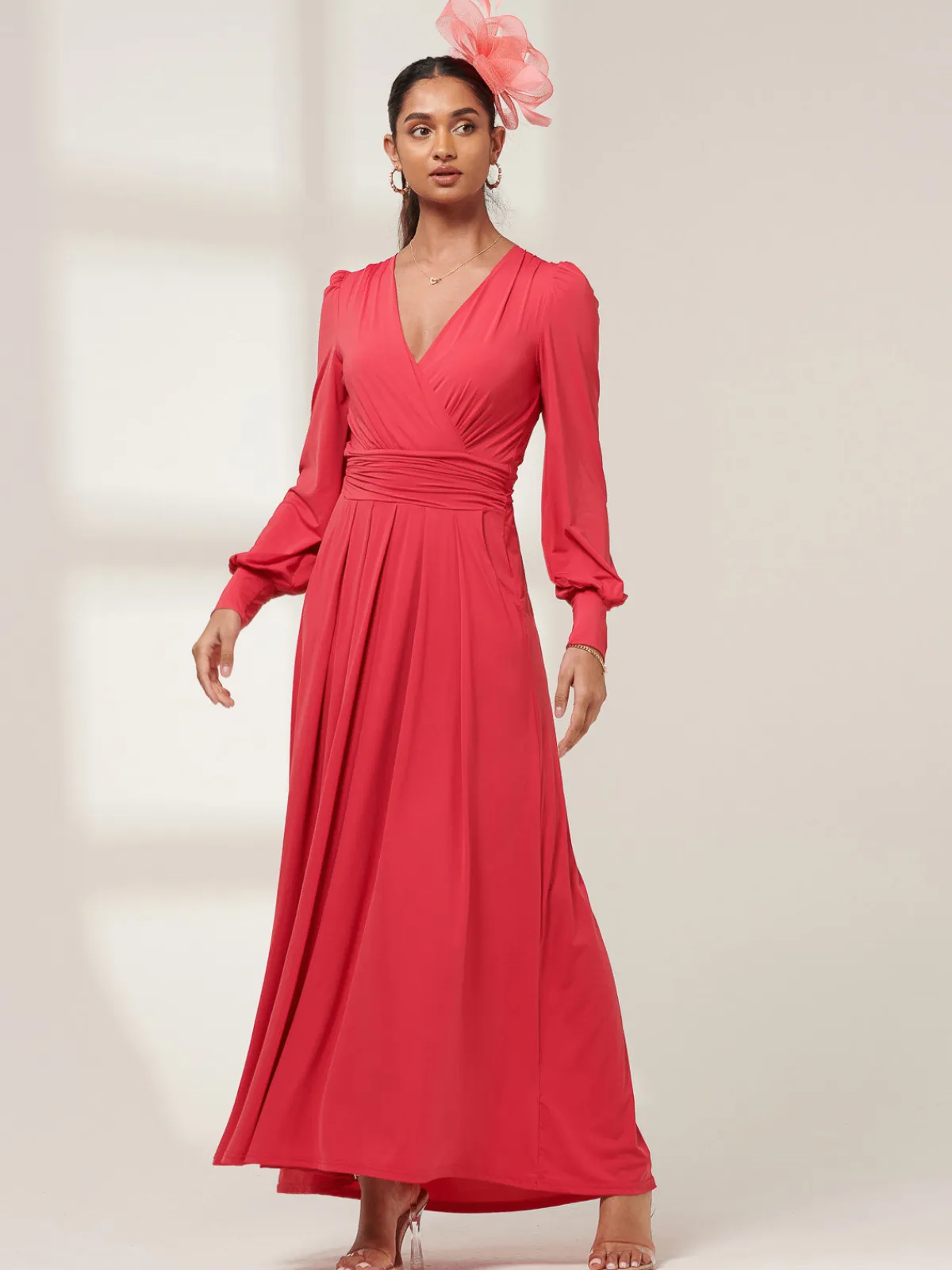 Jolie Moi Occasion Dresses|Weekend Casuals-Giulia Long Sleeve Maxi Dress, Red