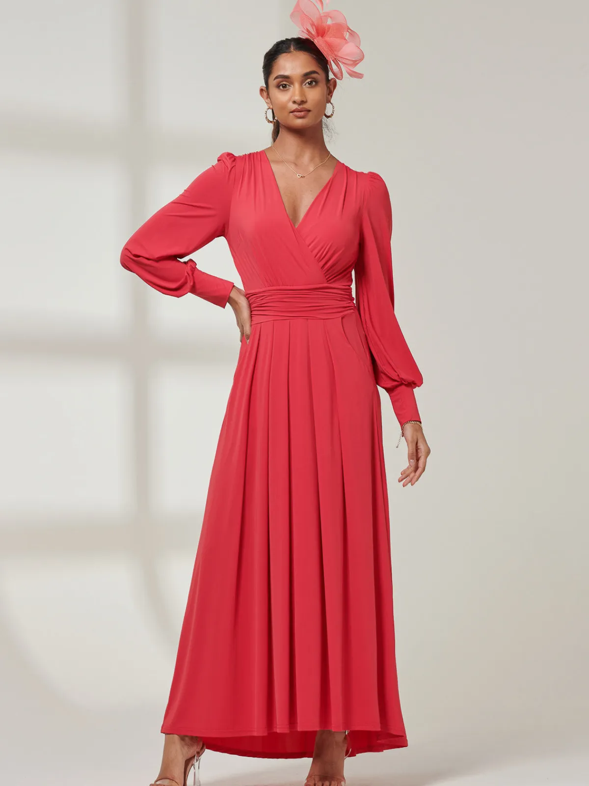Jolie Moi Occasion Dresses|Weekend Casuals-Giulia Long Sleeve Maxi Dress, Red