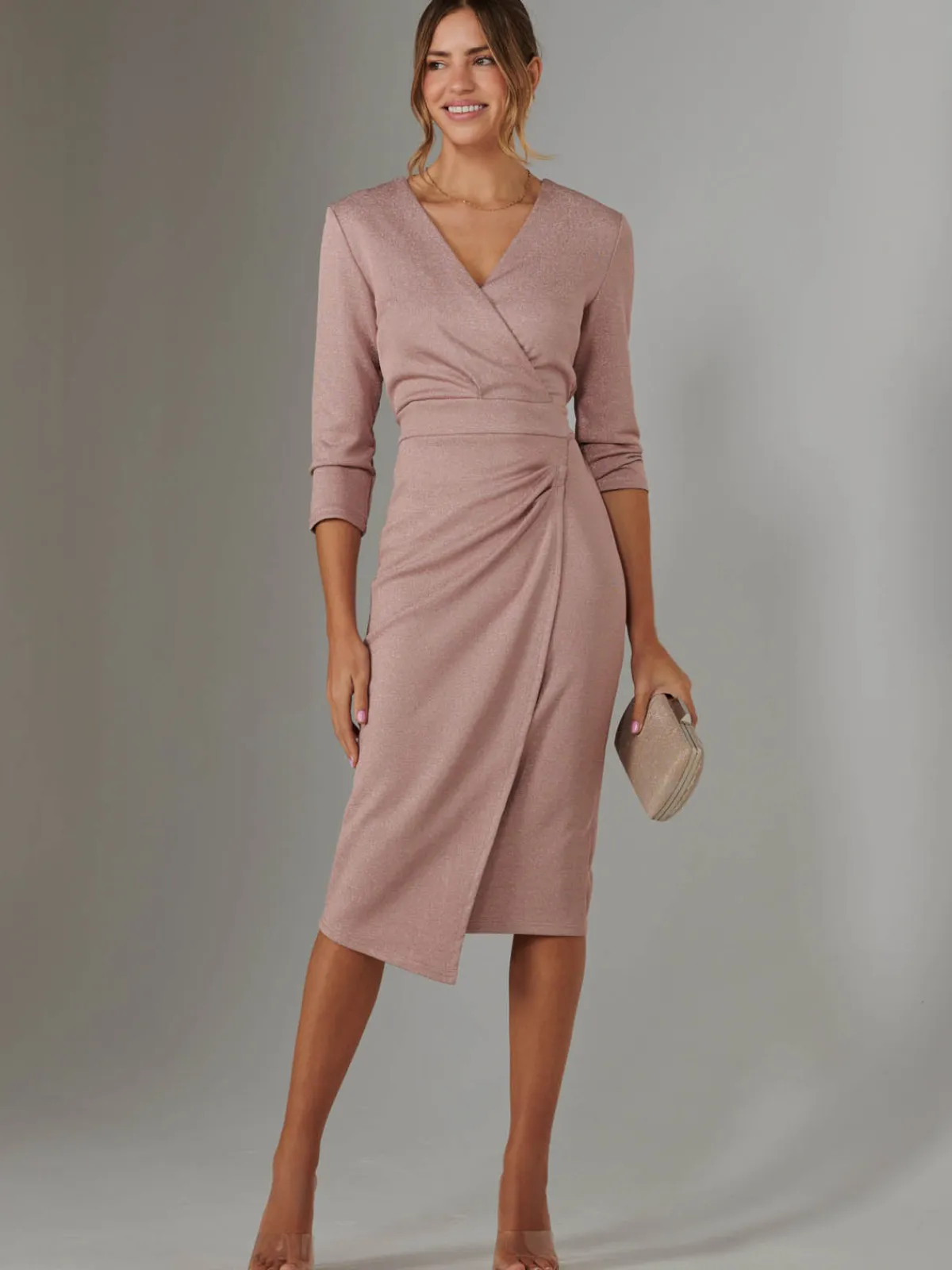Jolie Moi Occasion Dresses|Wrap Dresses-Glitter Wrap Half Sleeve Bodycon Dress, Pink