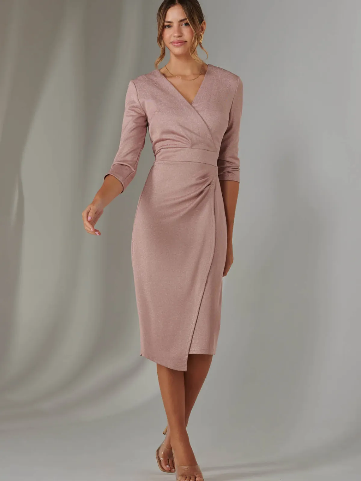 Jolie Moi Occasion Dresses|Wrap Dresses-Glitter Wrap Half Sleeve Bodycon Dress, Pink