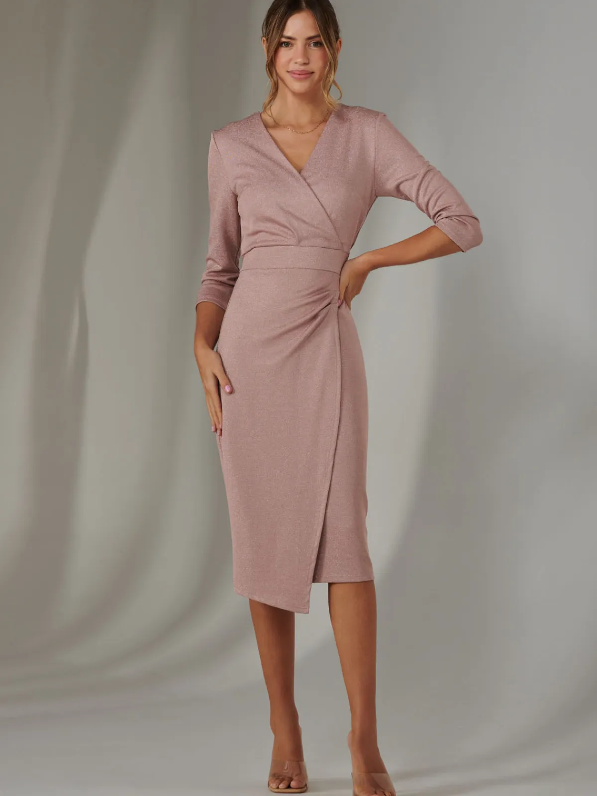 Jolie Moi Occasion Dresses|Wrap Dresses-Glitter Wrap Half Sleeve Bodycon Dress, Pink