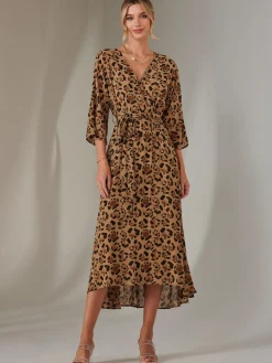 Jolie Moi Occasion Dresses|Weekend Casuals-Gold Spot Printed Chiffon Maxi Dress, Brown Leopard