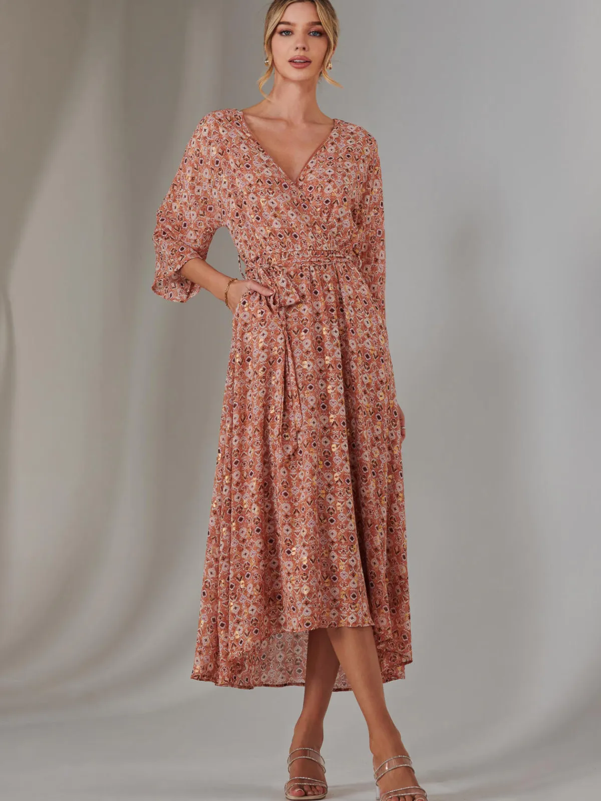 Jolie Moi Occasion Dresses|Wrap Dresses-Gold Spot Printed Chiffon Maxi Dress, Orange Multi